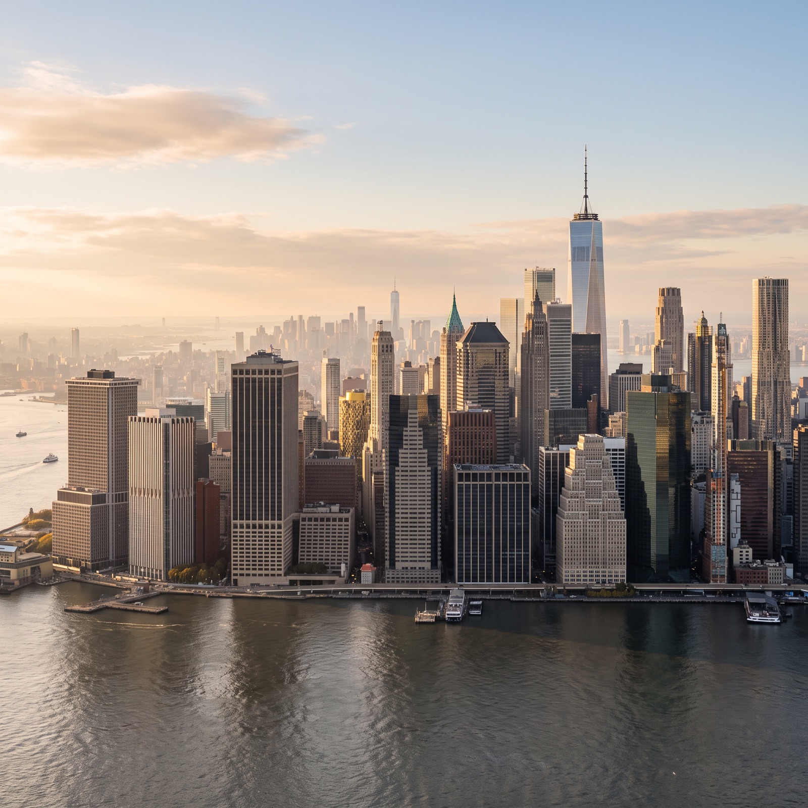The Lower Manhattan skyline at golden hour, seen from across the East River in Brooklyn
